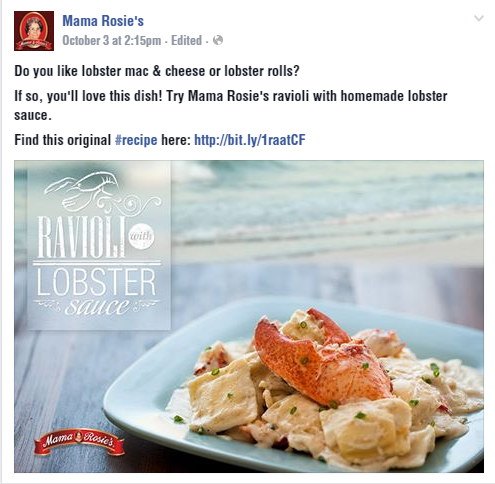 Mama Rosie's ravioli, a scrumptious photo, and a promise of a recipe for homemade lobster sauce is a must click.
